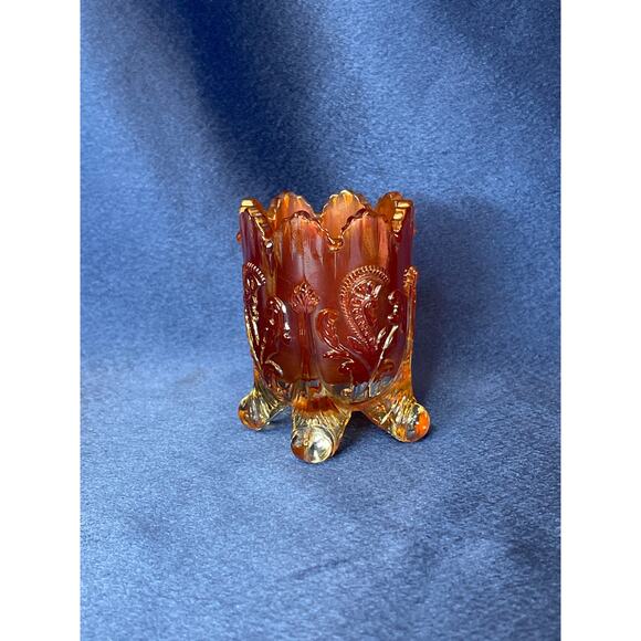 Vintage Carnival Glass Marigold Fan and Feather Footed Toothpick Holder - Picture 3 of 6